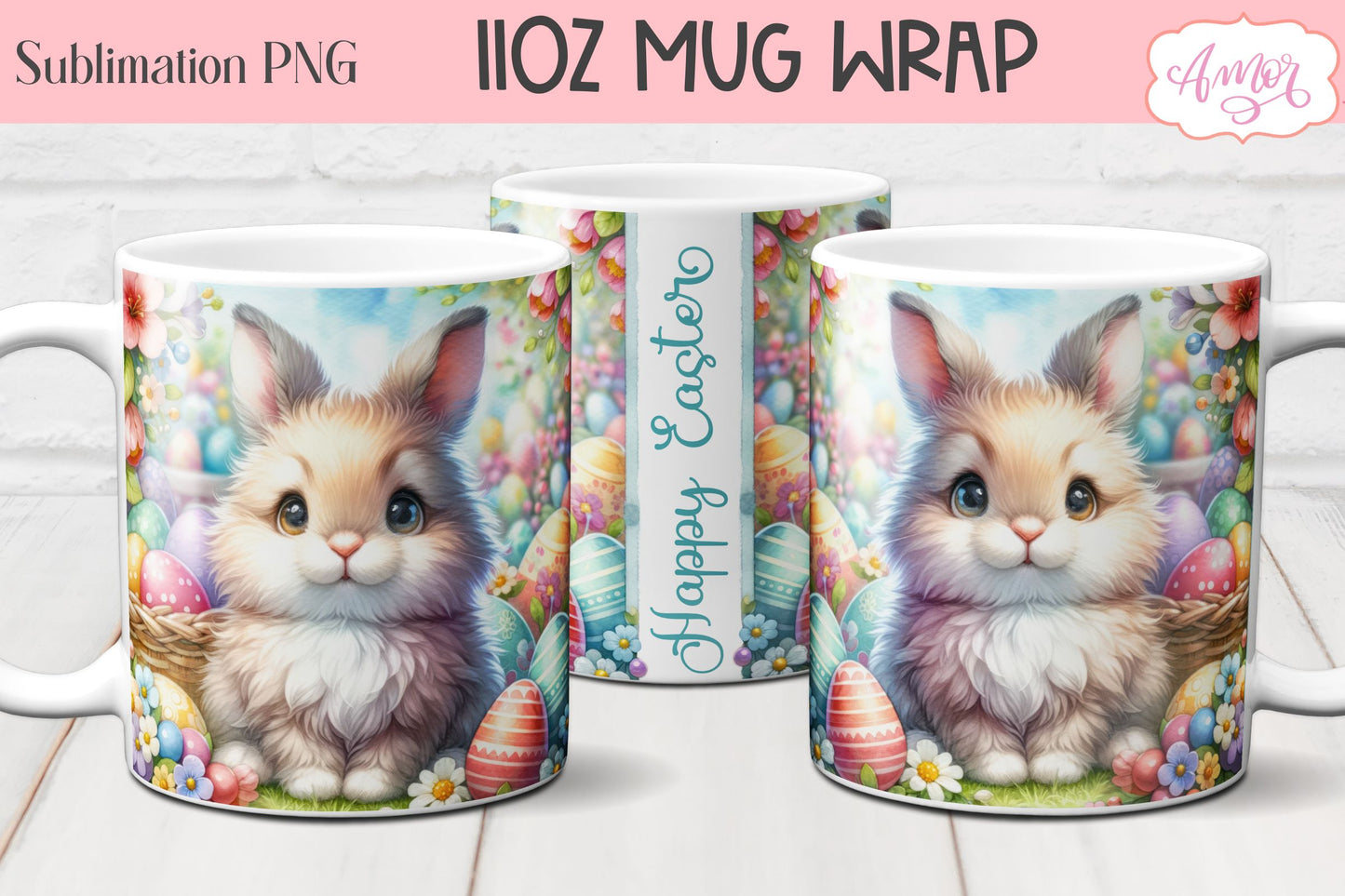 Easter Bunny Mug Wraps for Sublimation Bundle | 11oz mug PNG
