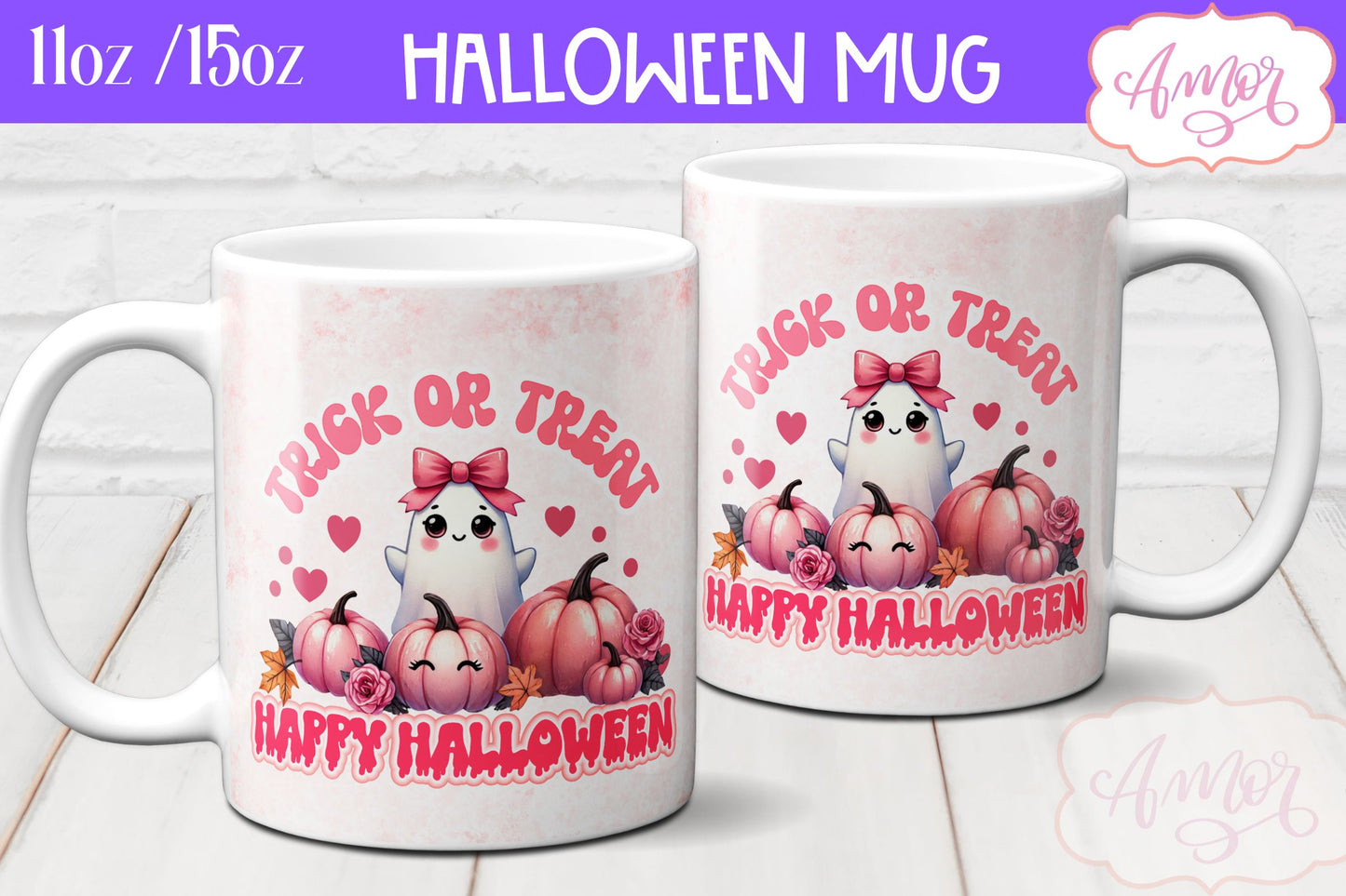 Pink Halloween mug wraps for sublimation PNG BUNDLE