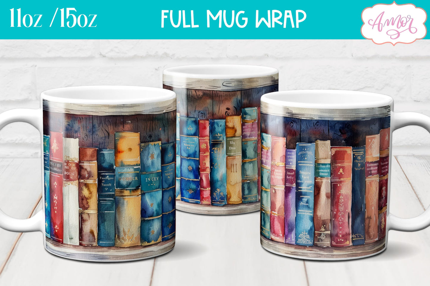 Bookshelf mug wrap PNG for Sublimation | Book lover mug png