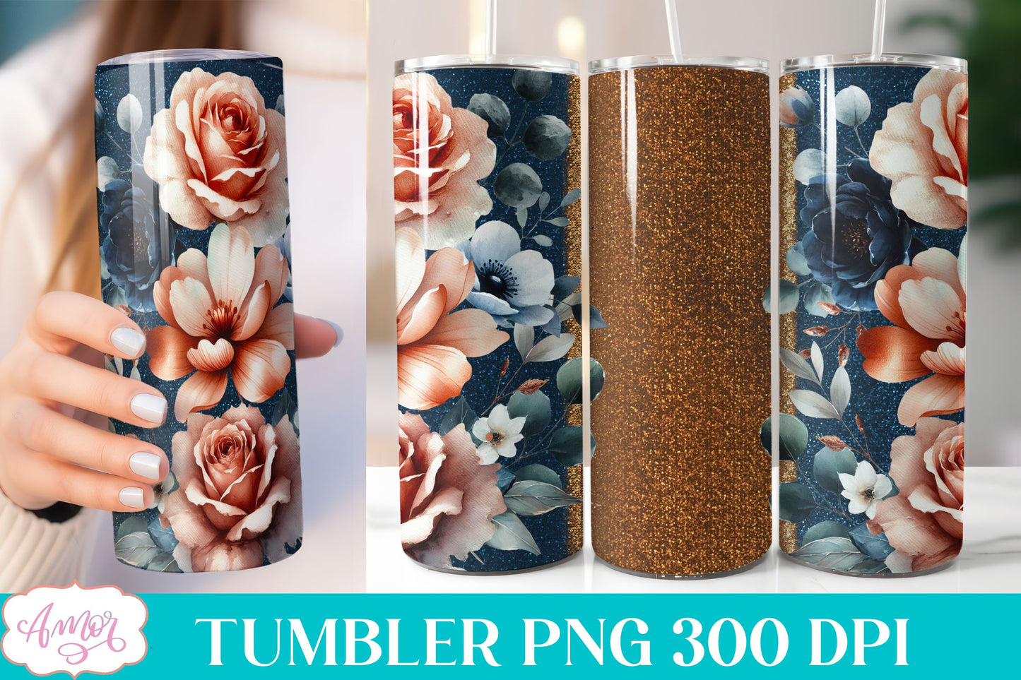 Navy and copper floral tumbler wrap sublimation PNG