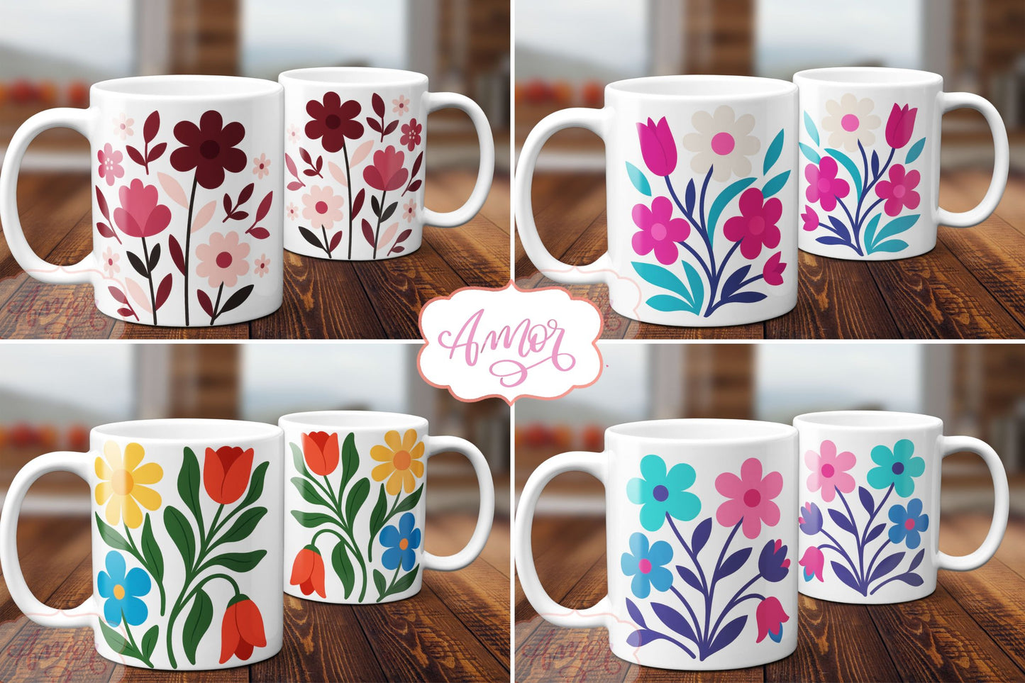 Bundle Spring floral mug wraps sublimation, Colorful mug PNG