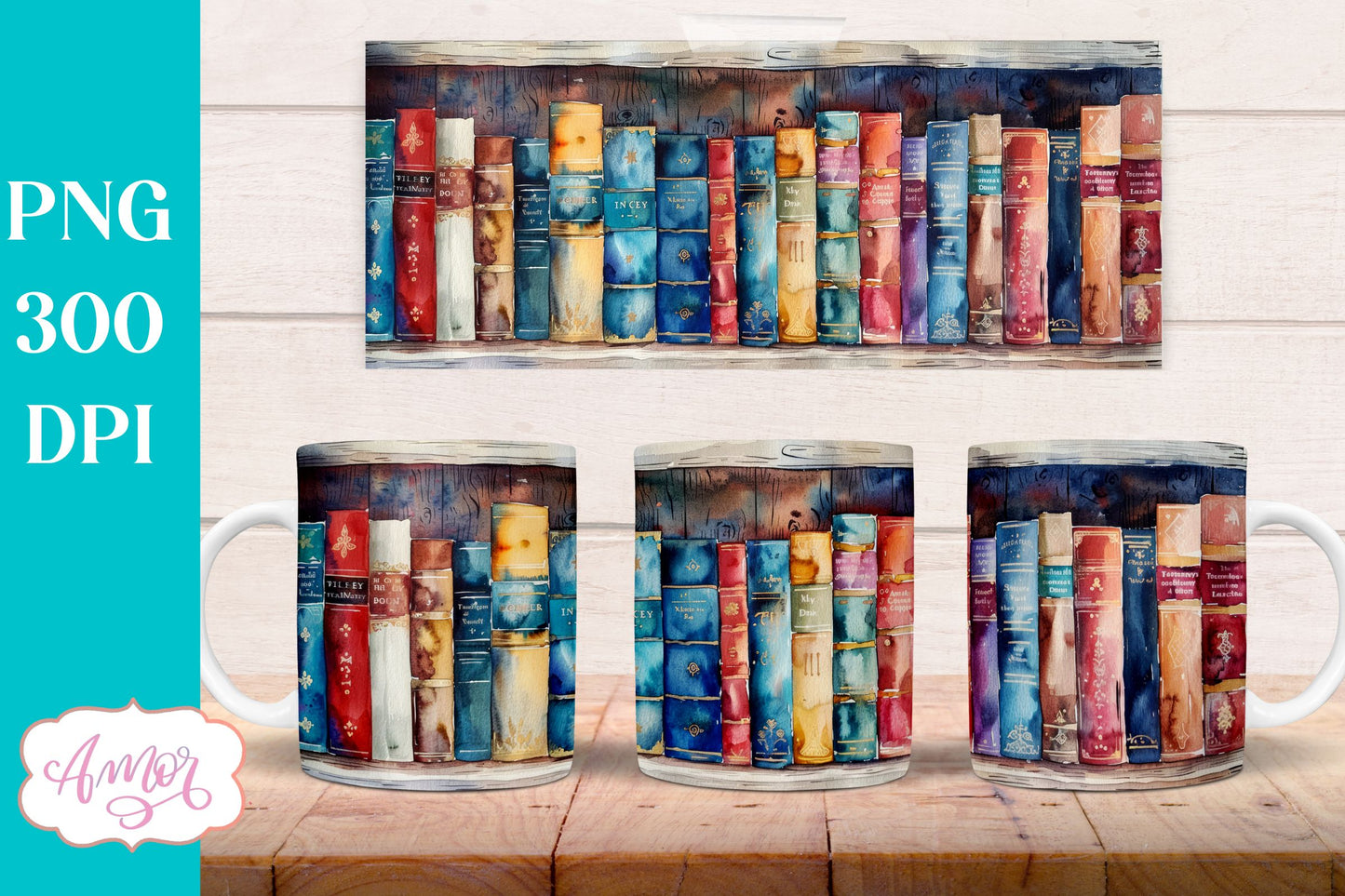 Bookshelf mug wrap PNG for Sublimation | Book lover mug png