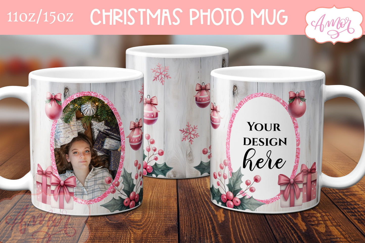 Pink Christmas photo mug wrap PNG Sublimation | festive mug