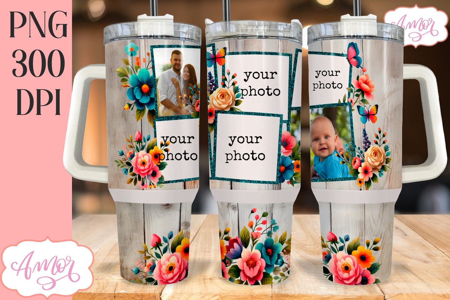 Floral 40oz photo tumbler wrap PNG, picture tumbler template