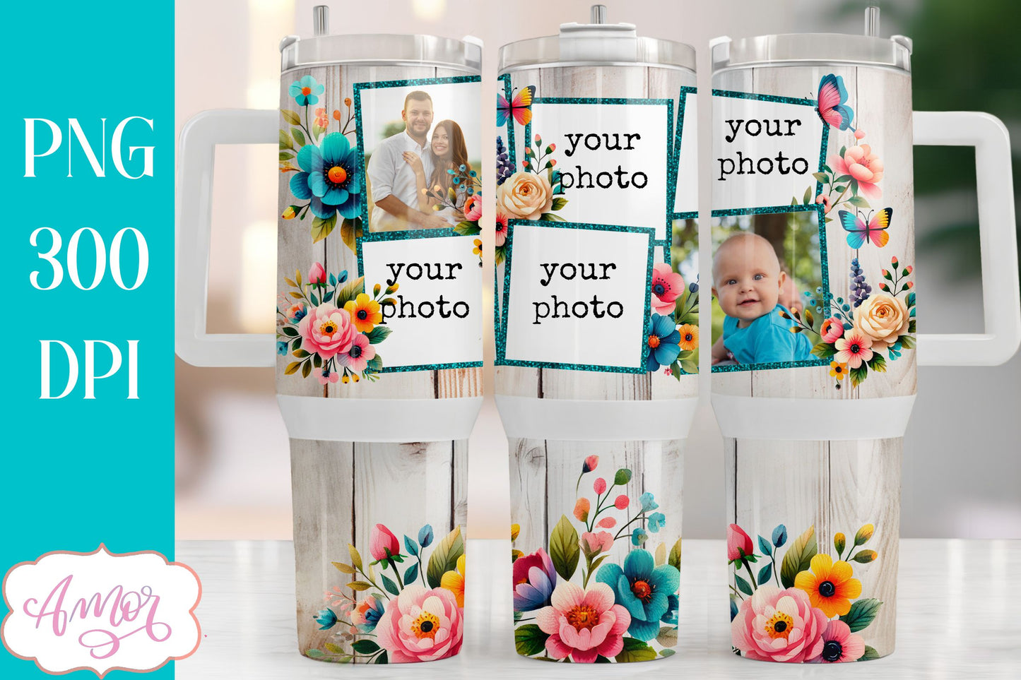 Floral 40oz photo tumbler wrap PNG, picture tumbler template
