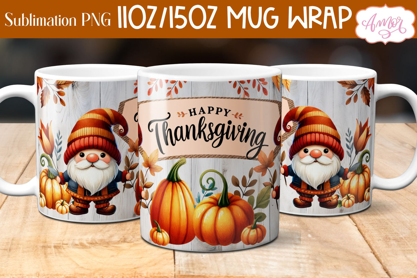 Happy Thanksgiving mug wrap PNG for sublimation | Fall gnome