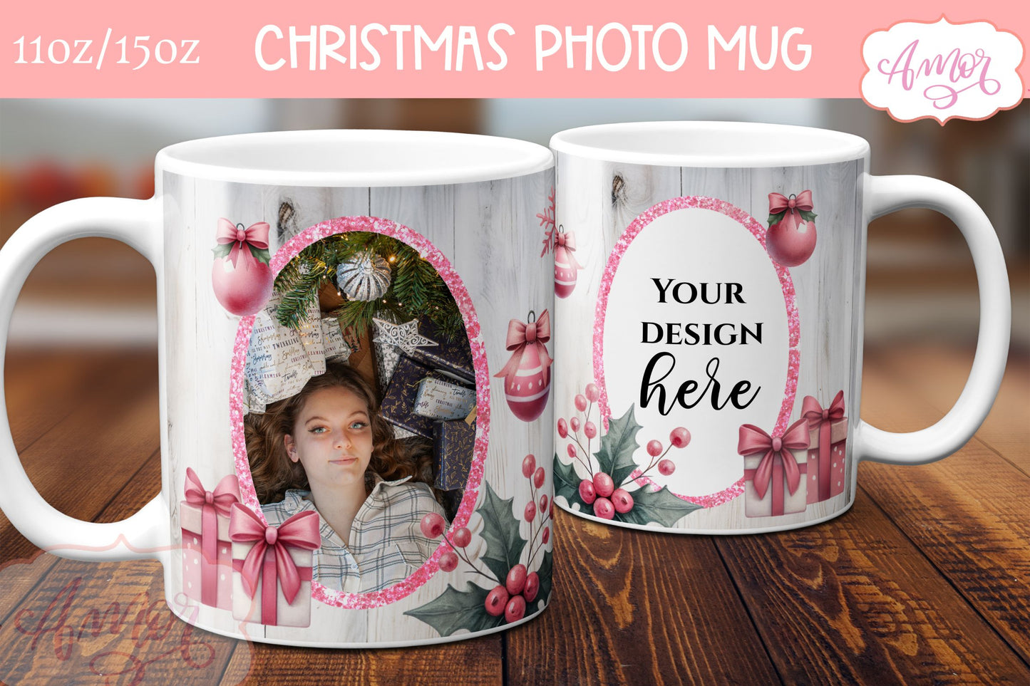 Pink Christmas photo mug wrap PNG Sublimation | festive mug