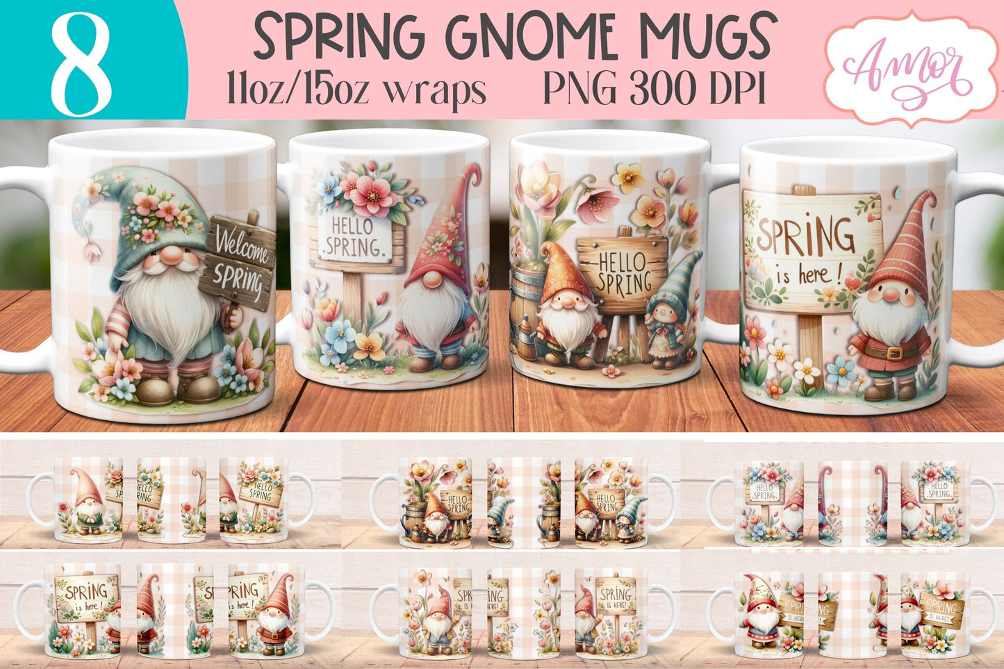 BUNDLE Spring Gnome Mug Wraps for Sublimation 11oz 15oz
