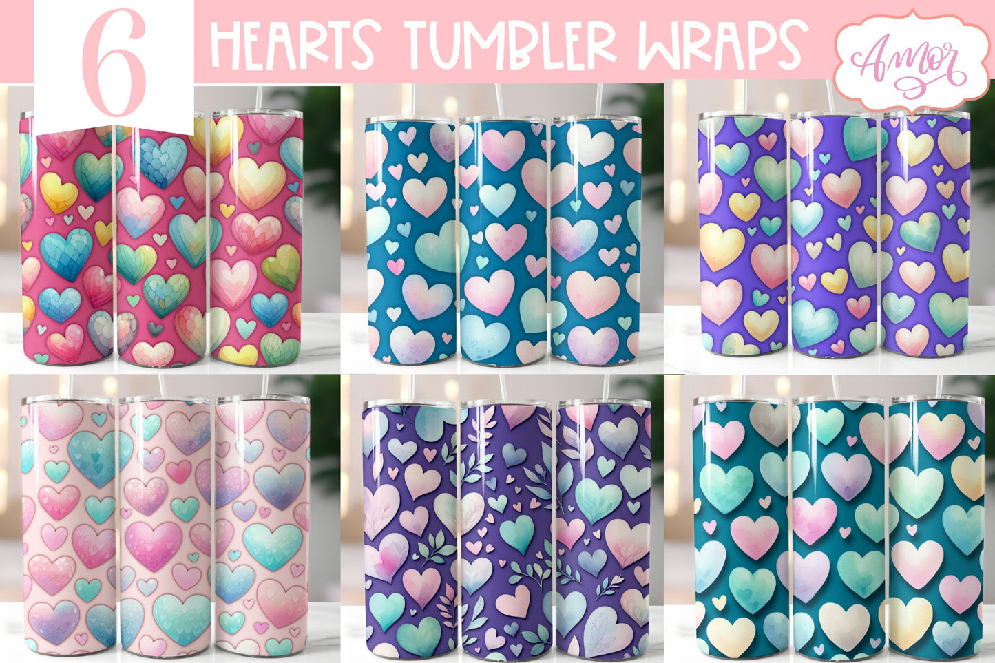 BUNDLE hearts tumbler wraps PNG sublimation Valentine's day