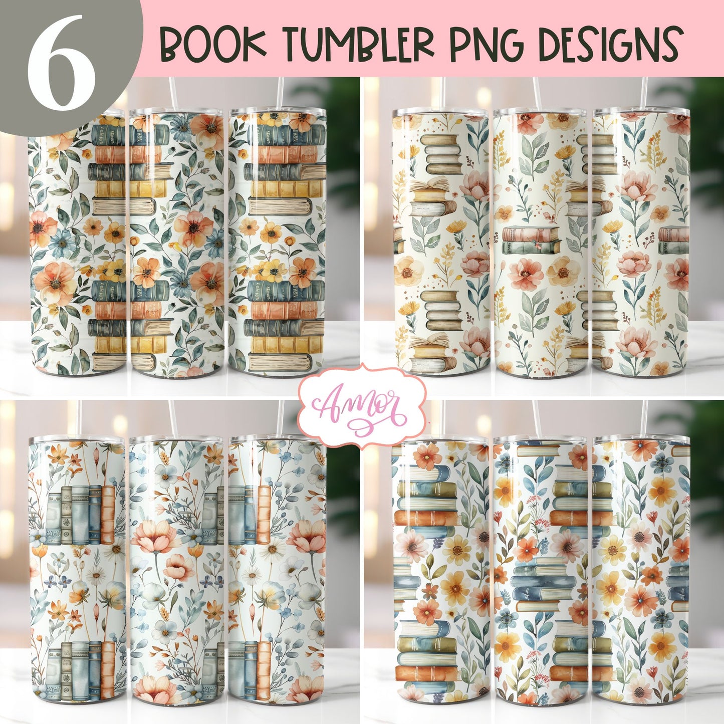 Book and flowers tumbler wrap PNG | Book lover tumbler bundle