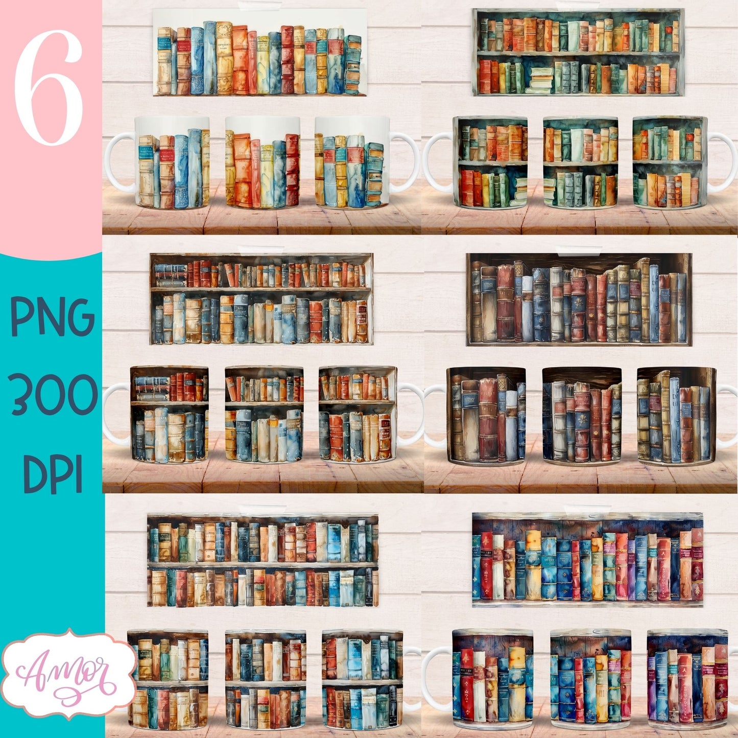 Bookshelf mug wrap PNG for Sublimation | Book lover mug png