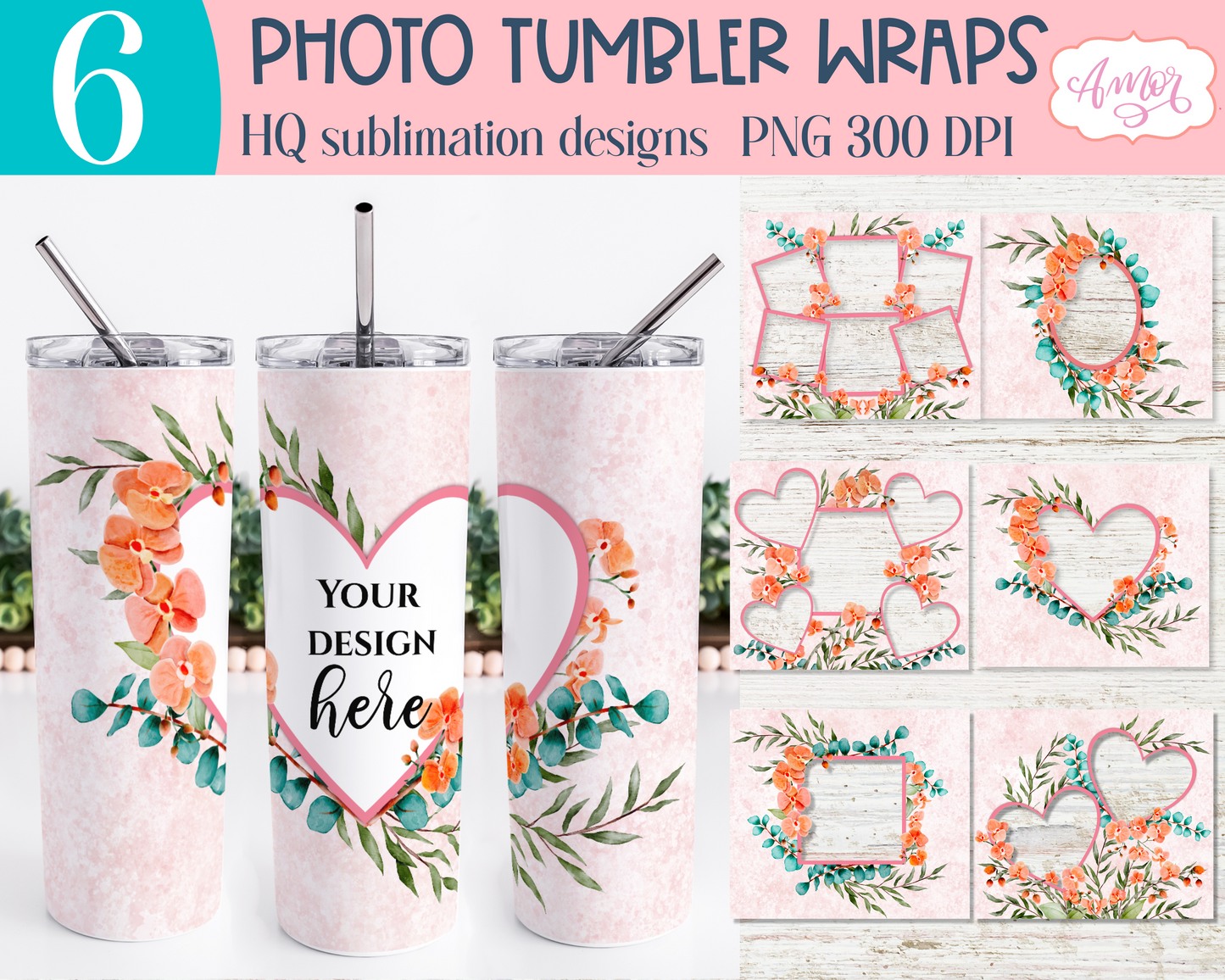 Bundle of 6 floral photo tumbler templates for sublimation