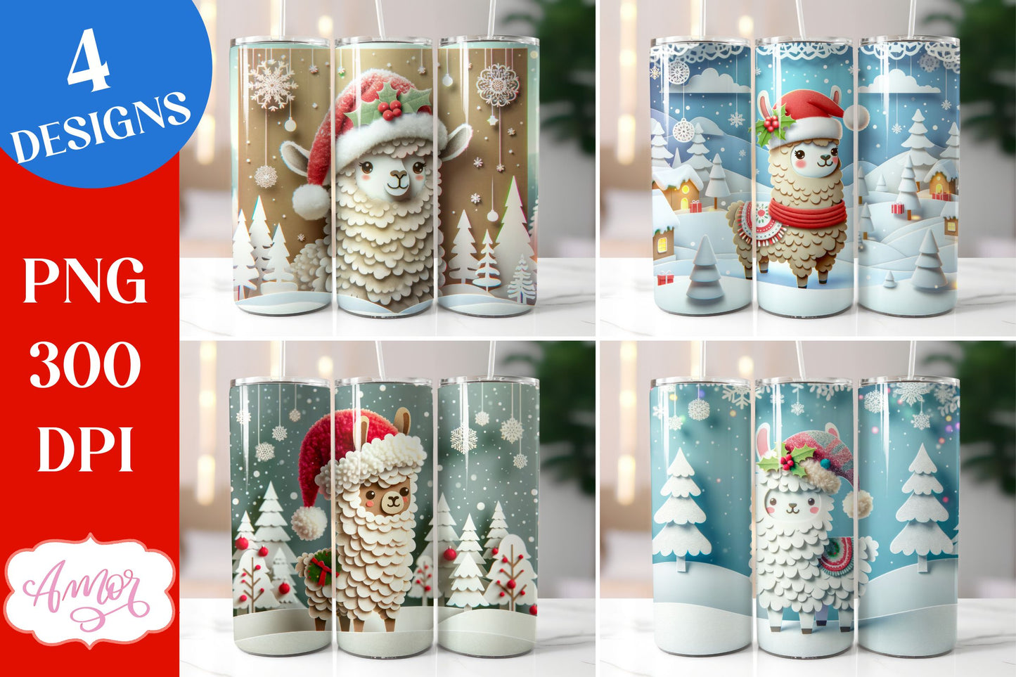Christmas llama tumbler wrap for sublimation bundle