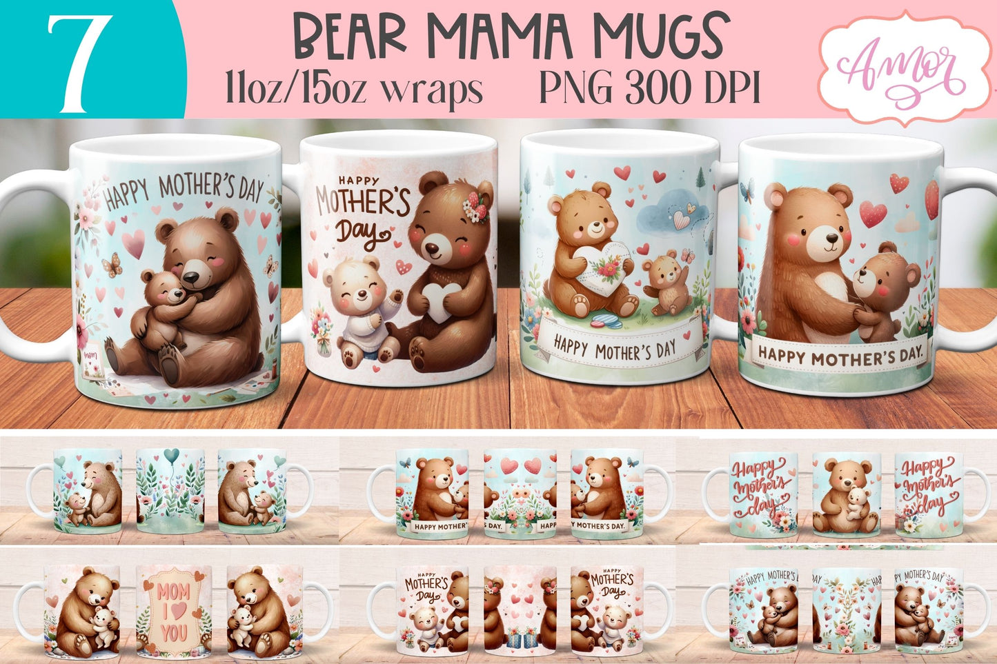 Cute bear mama mug wrap | Mother's day mug PNG BUNDLE