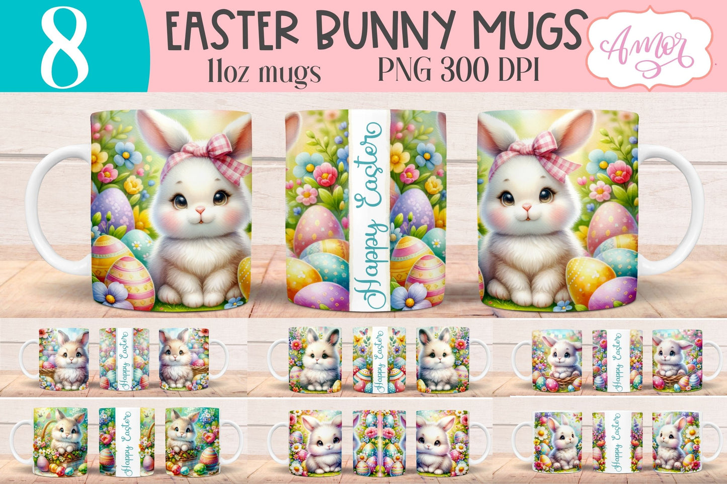 Easter Bunny Mug Wraps for Sublimation Bundle | 11oz mug PNG