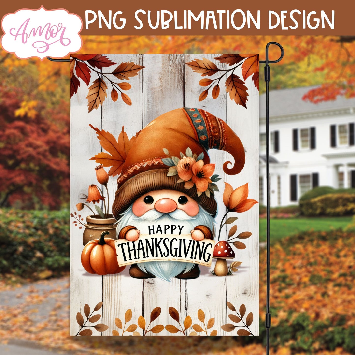 Happy thanksgiving garden flag sublimation | Cute gnome PNG