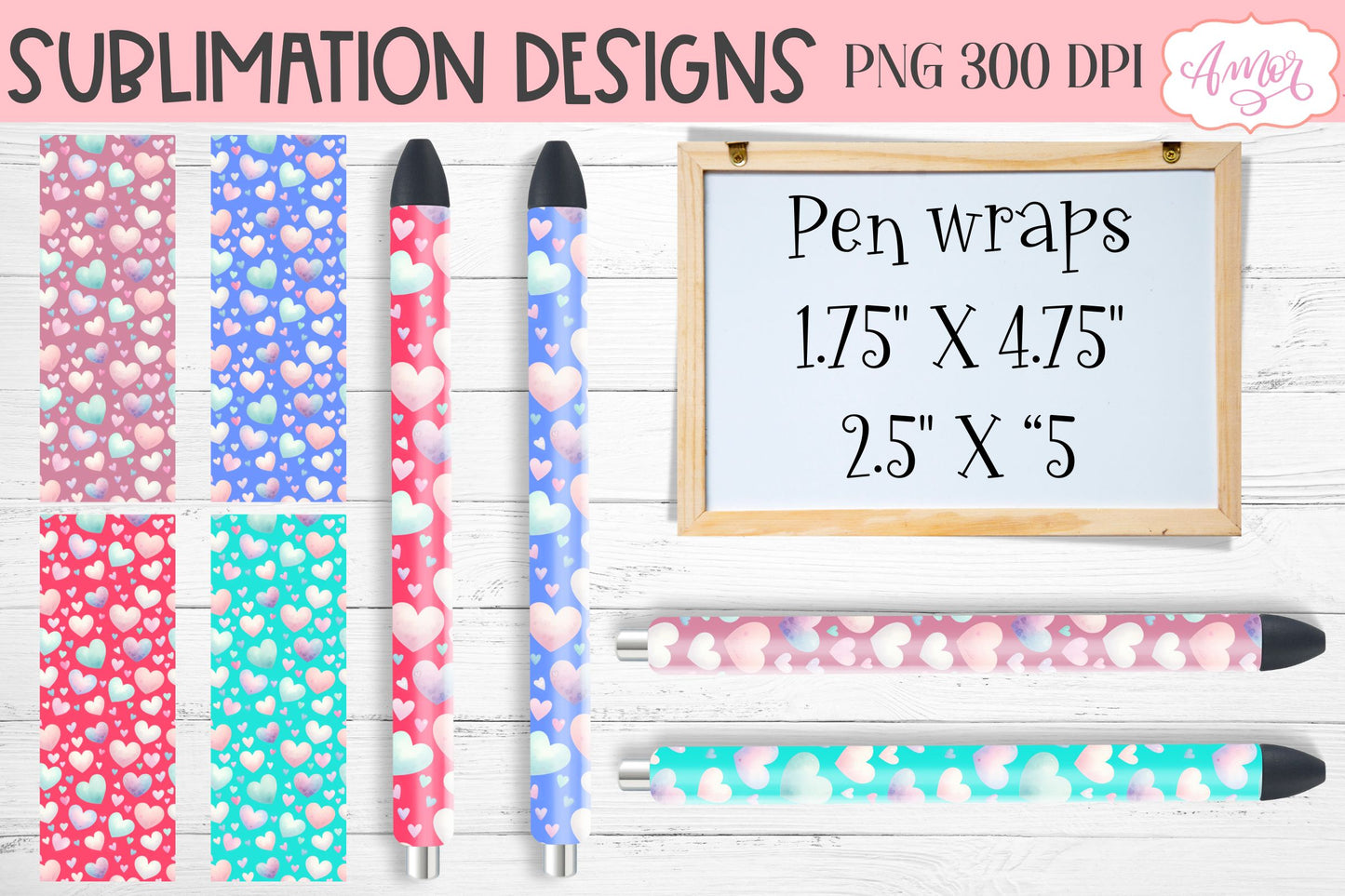 Heart pen wraps for sublimation | Valentine's Day pen PNG