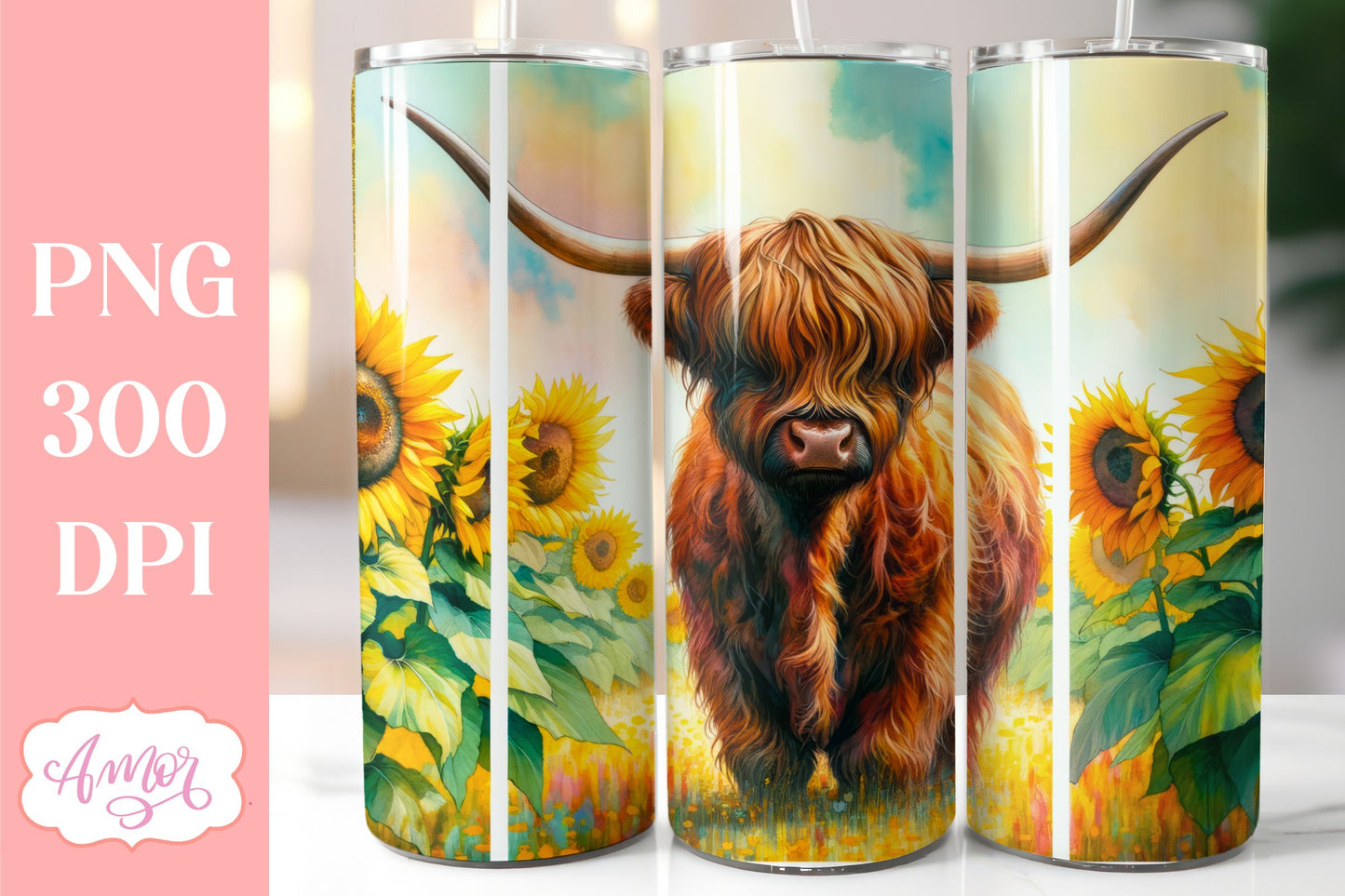 Highland cow and sunflowers 20 oz tumbler sublimation PNG