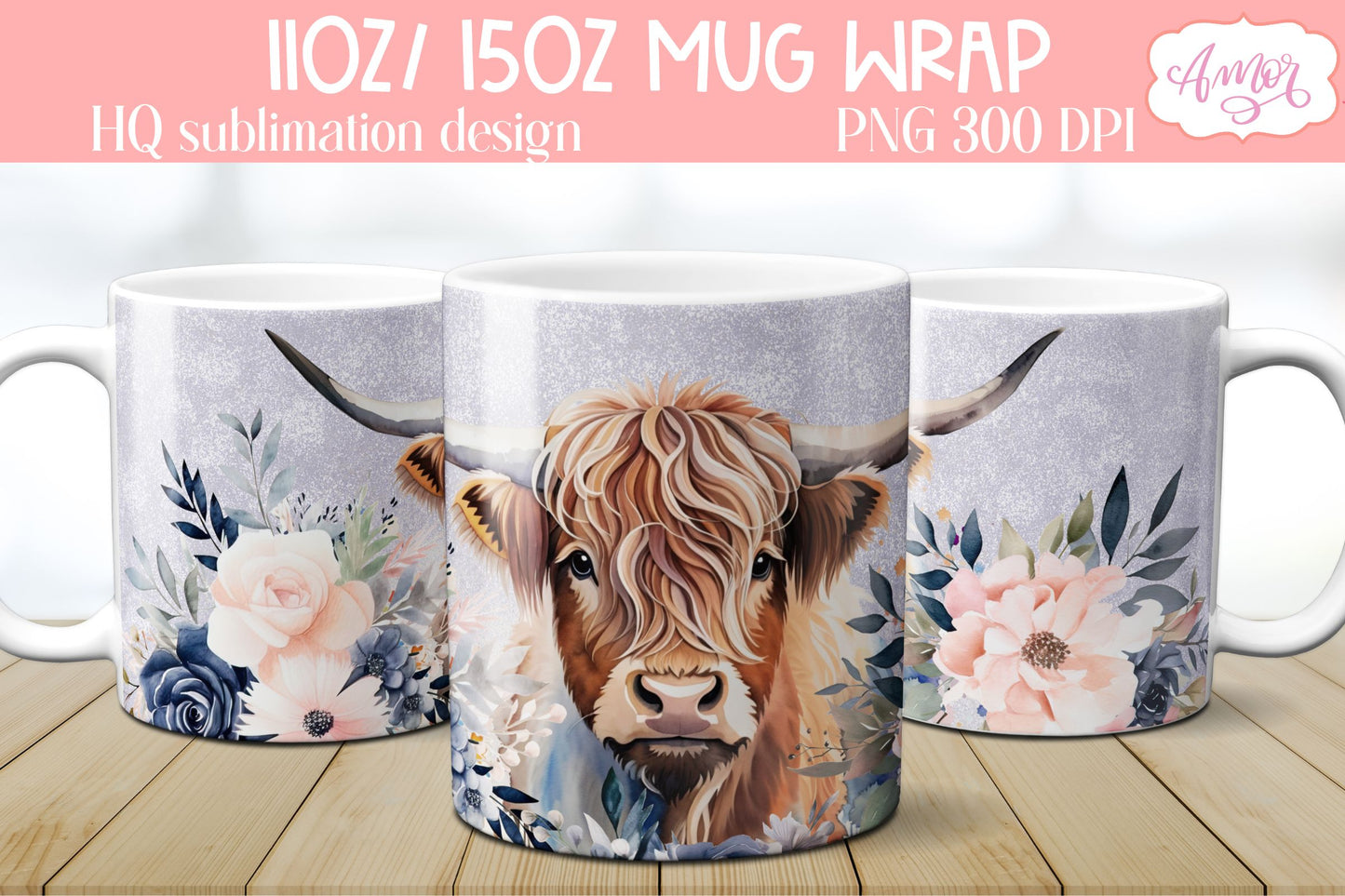 Highland cow mug wrap PNG Sublimation | Floral mug PNG