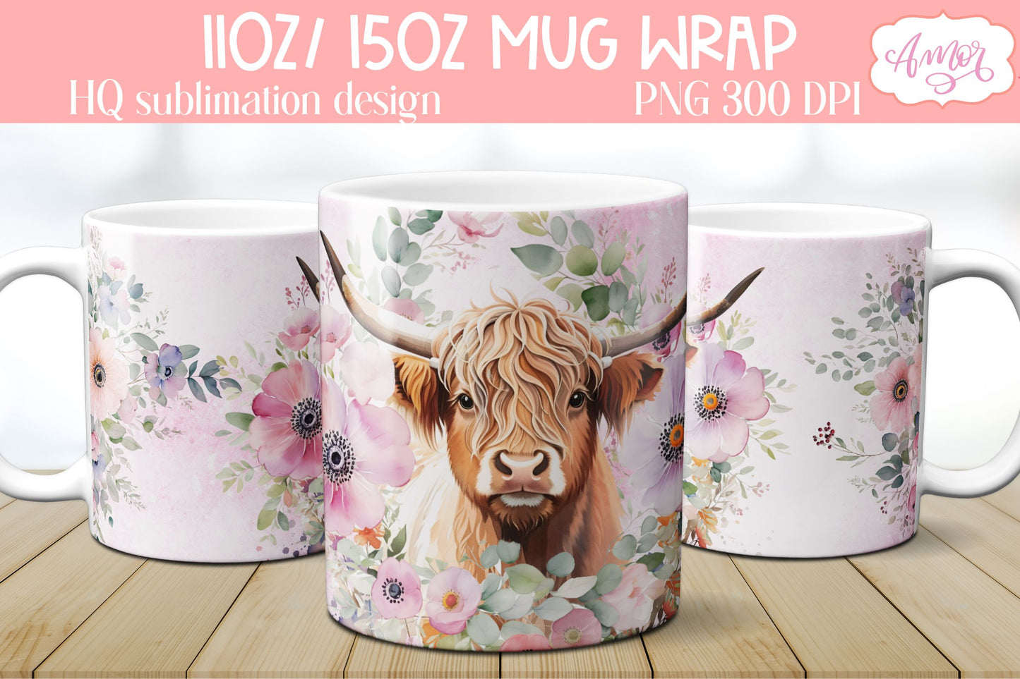 Highland cow mug wrap PNG Sublimation | Floral mug PNG