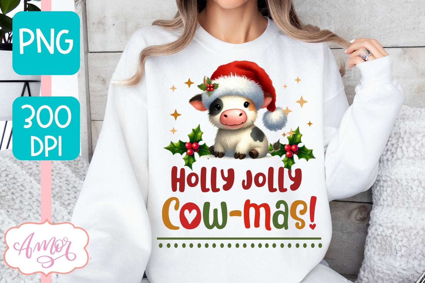 Holly Jolly cowmas PNG | Cute Christmas cow PNG sublimation