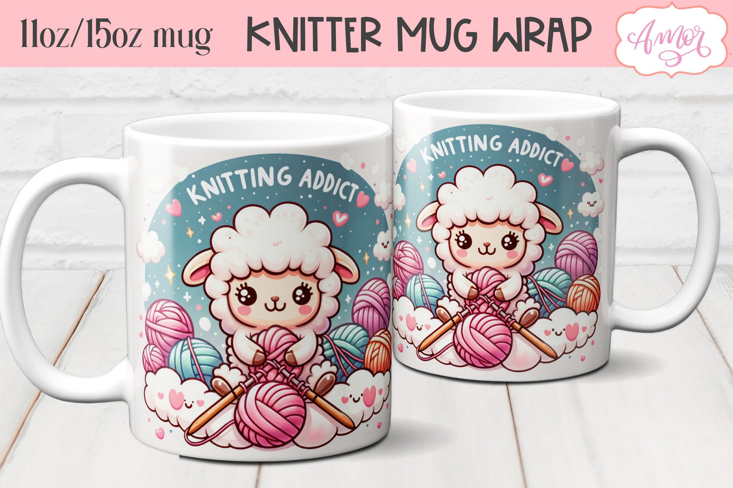 Knitting addict mug wrap PNG for sublimation | Knitter mug