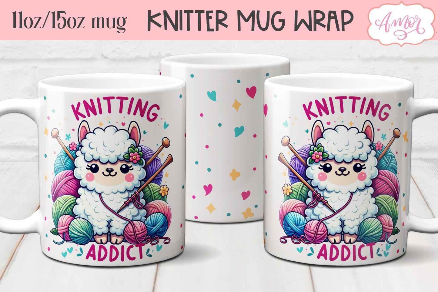 Knitting addict mug wrap PNG for sublimation | Knitter mug