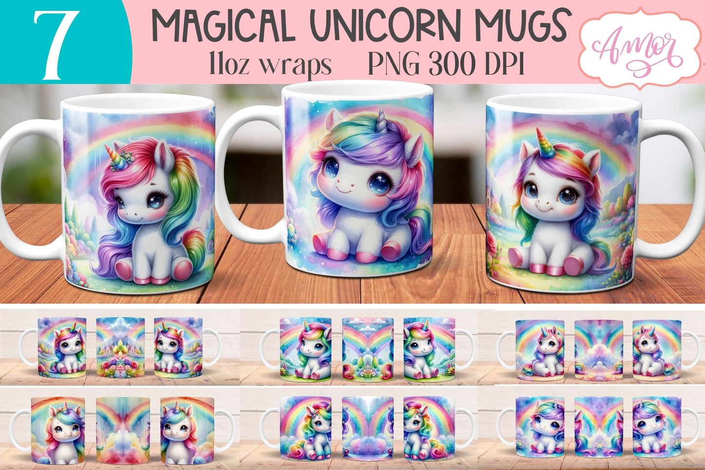 Magical Unicorn mug wraps for sublimation | Rainbow mug PNG