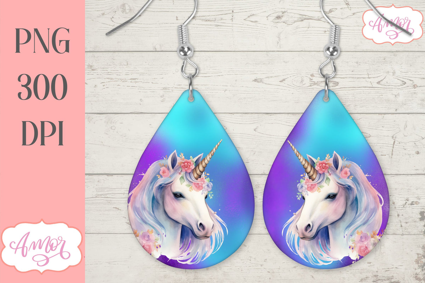 Magical unicorn teardrop earring PNG for sublimation