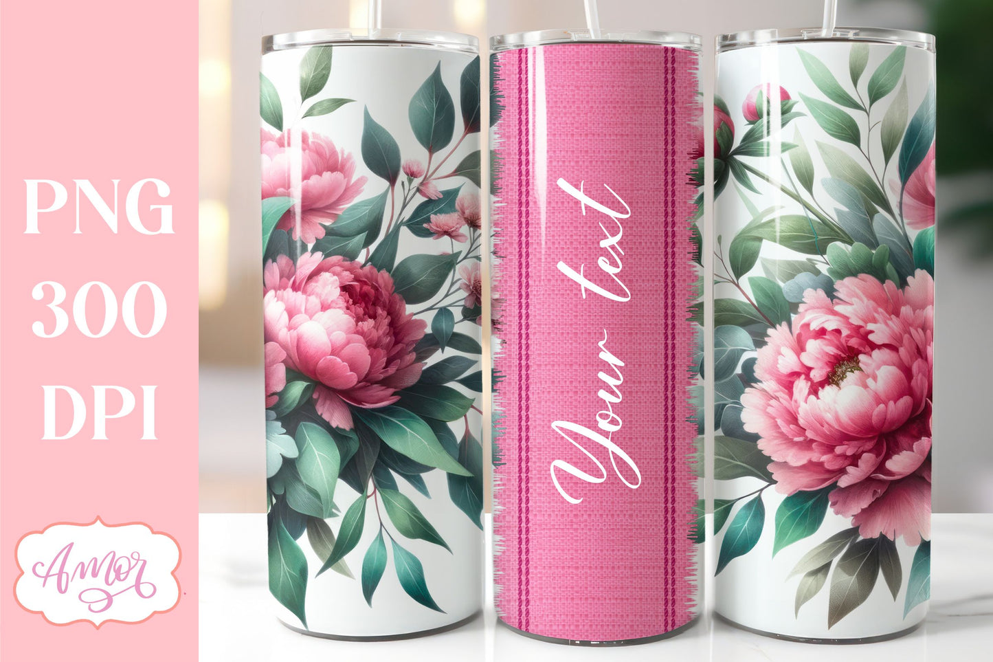 Pink Peony Tumbler Wrap PNG | Customizable tumbler template