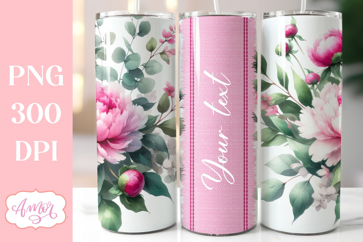 Pink Peony Tumbler Wrap PNG | Customizable tumbler template