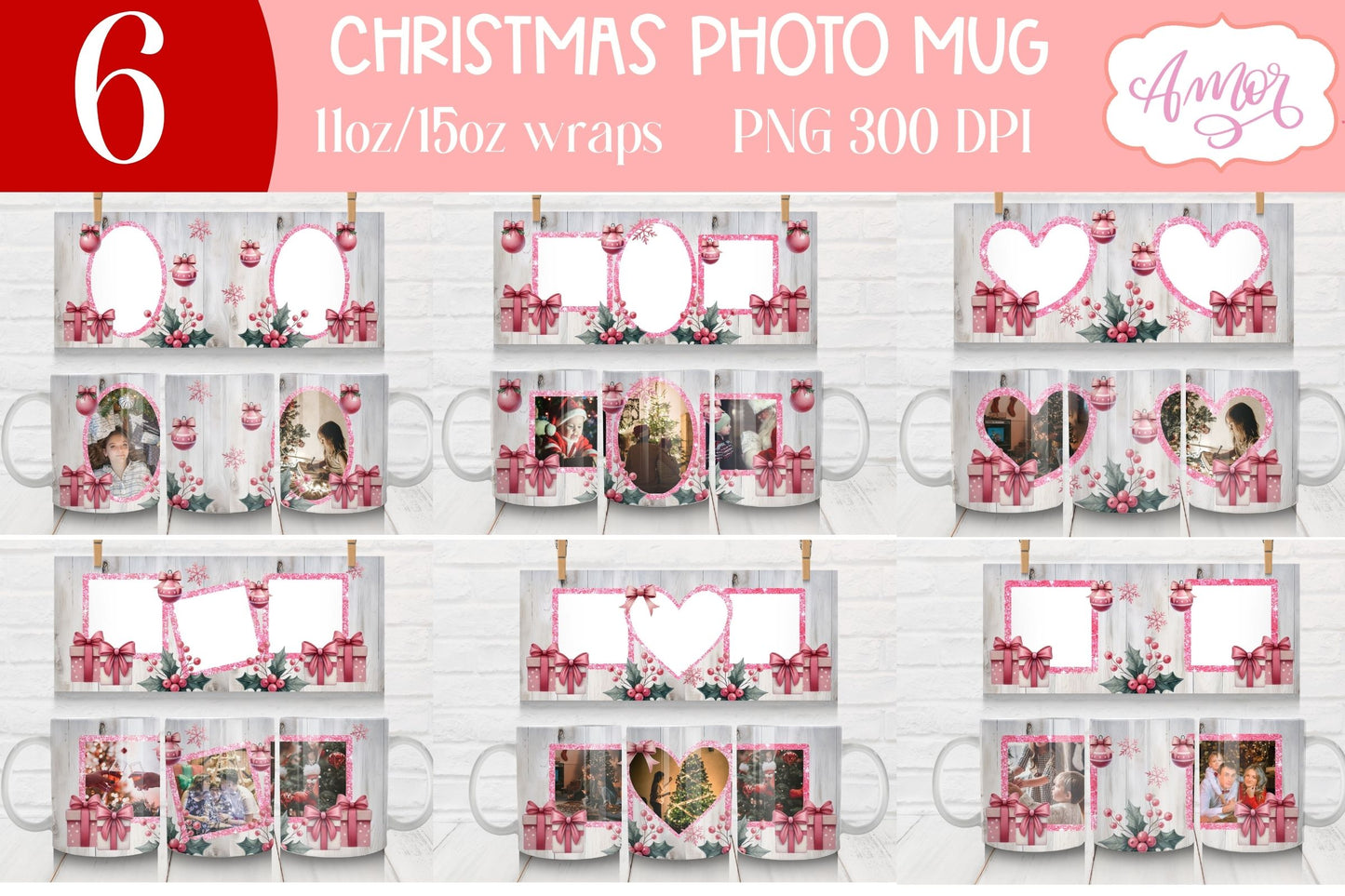 Pink Christmas photo mug wrap PNG Sublimation | festive mug