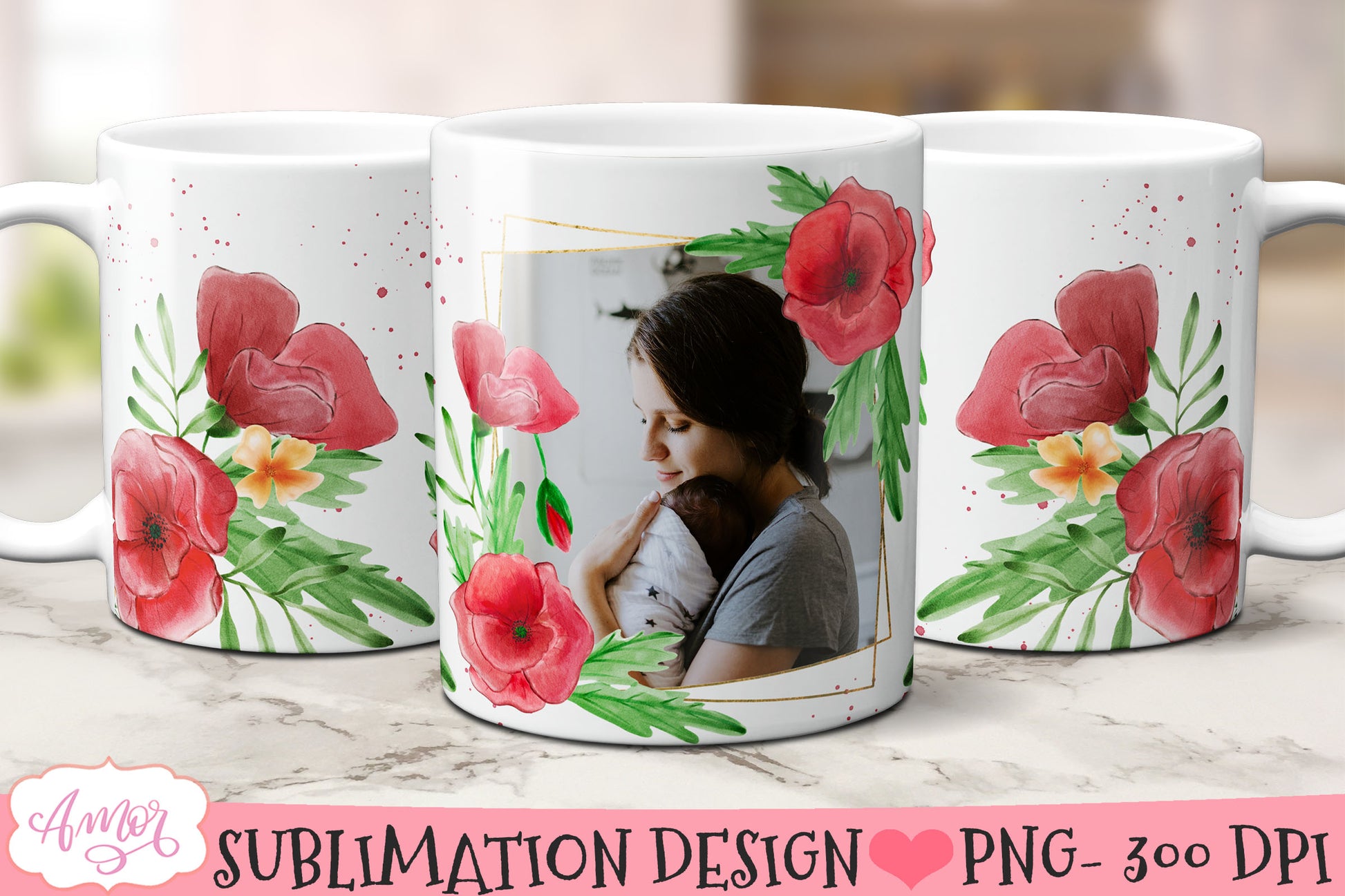 Floral photo mug sublimation bundle | customizable mugs PNG
