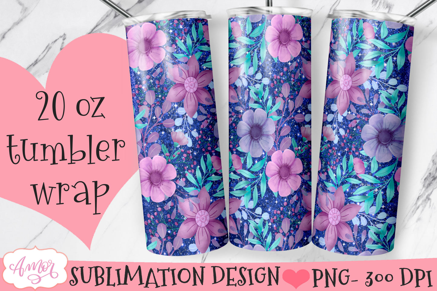 Flowers and glitter 20oz tumbler wrap sublimation PNG BUNDLE