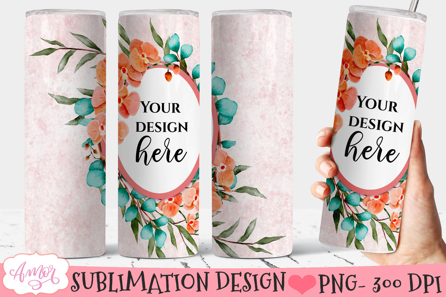 Bundle of 6 floral photo tumbler templates for sublimation
