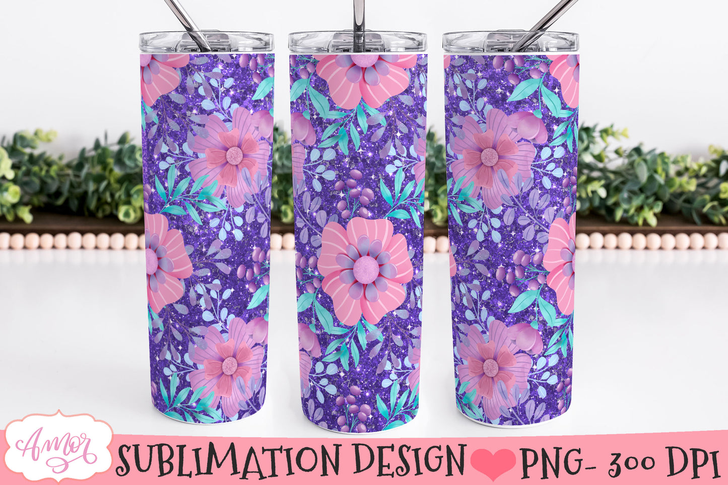 Flowers and glitter 20oz tumbler wrap sublimation PNG BUNDLE