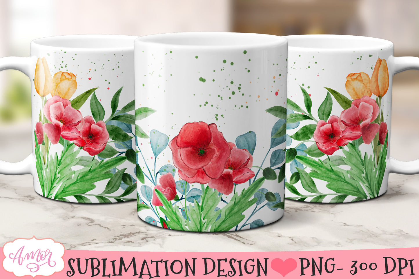 Watercolor Spring floral Mug Wraps for Sublimation BUNDLE