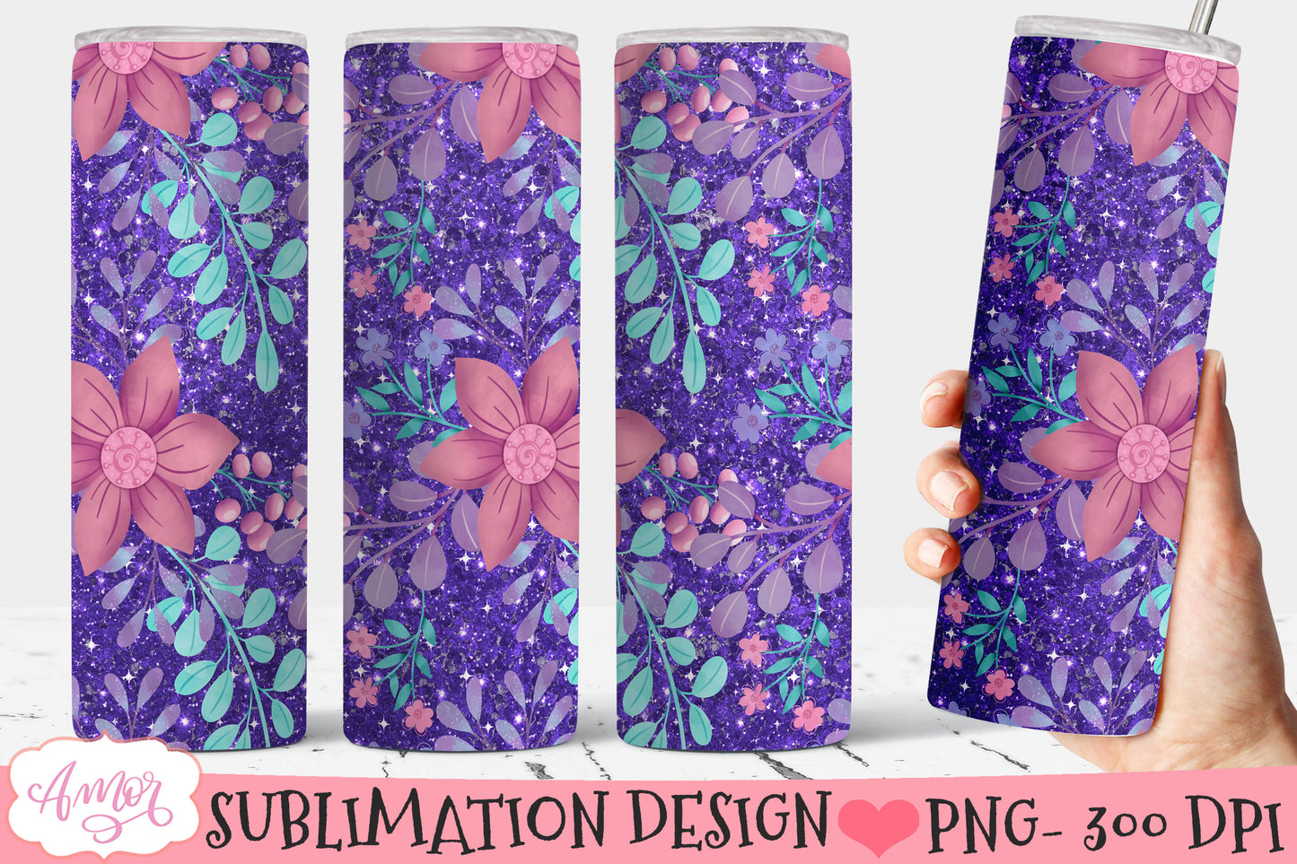 Flowers and glitter 20oz tumbler wrap sublimation PNG BUNDLE
