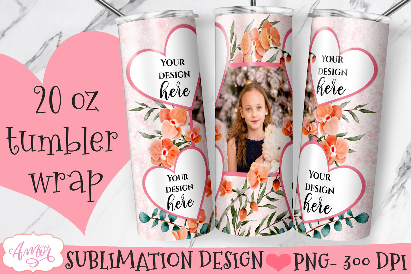 Bundle of 6 floral photo tumbler templates for sublimation