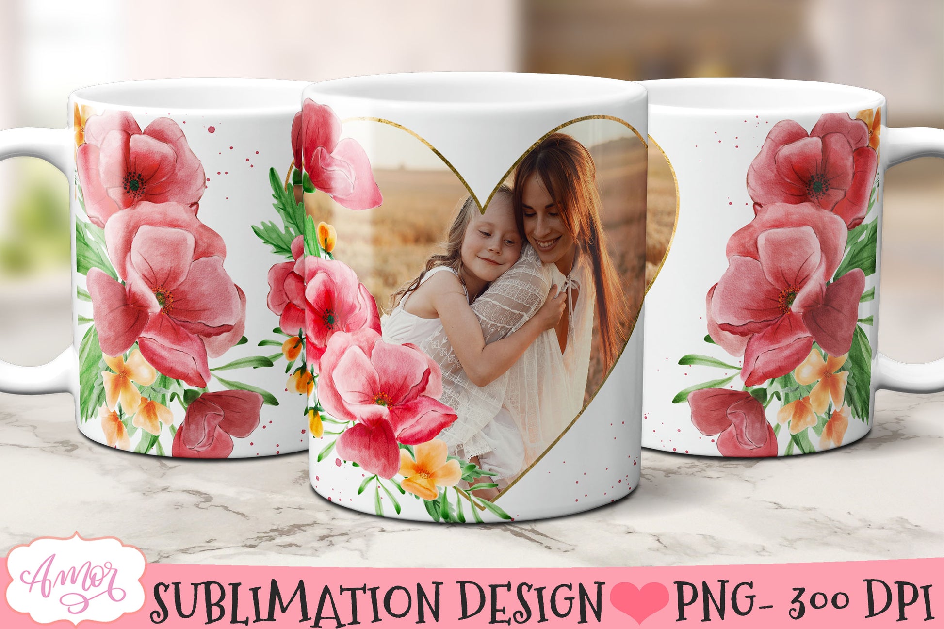 Floral photo mug sublimation bundle | customizable mugs PNG