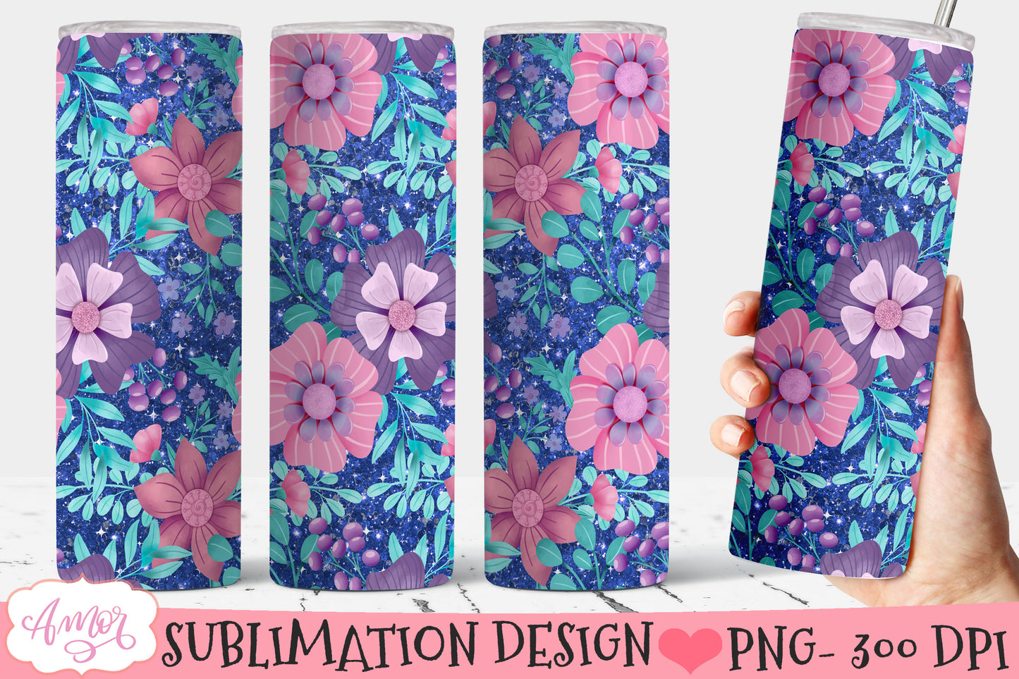 Flowers and glitter 20oz tumbler wrap sublimation PNG BUNDLE