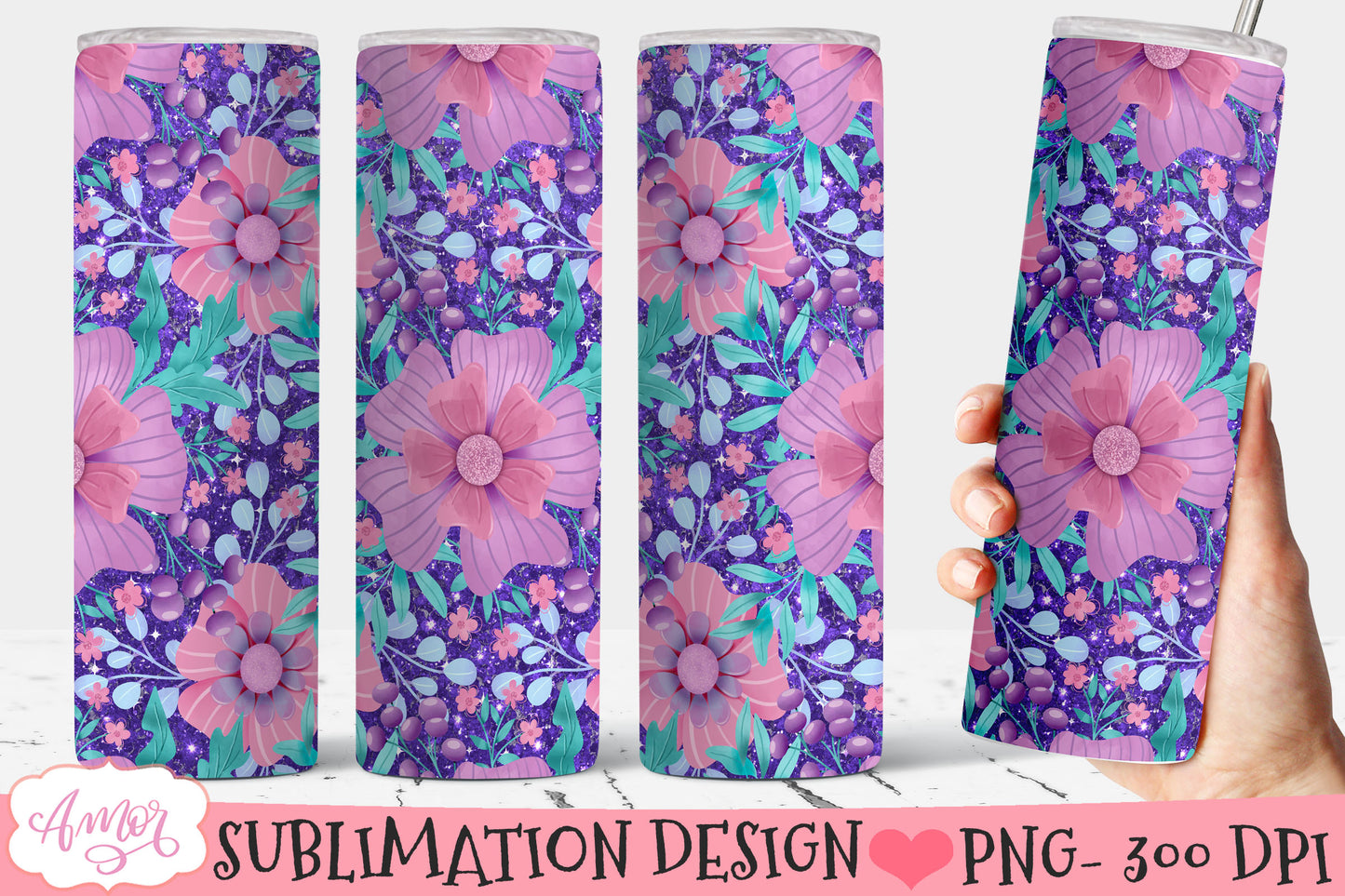 Flowers and glitter 20oz tumbler wrap sublimation PNG BUNDLE
