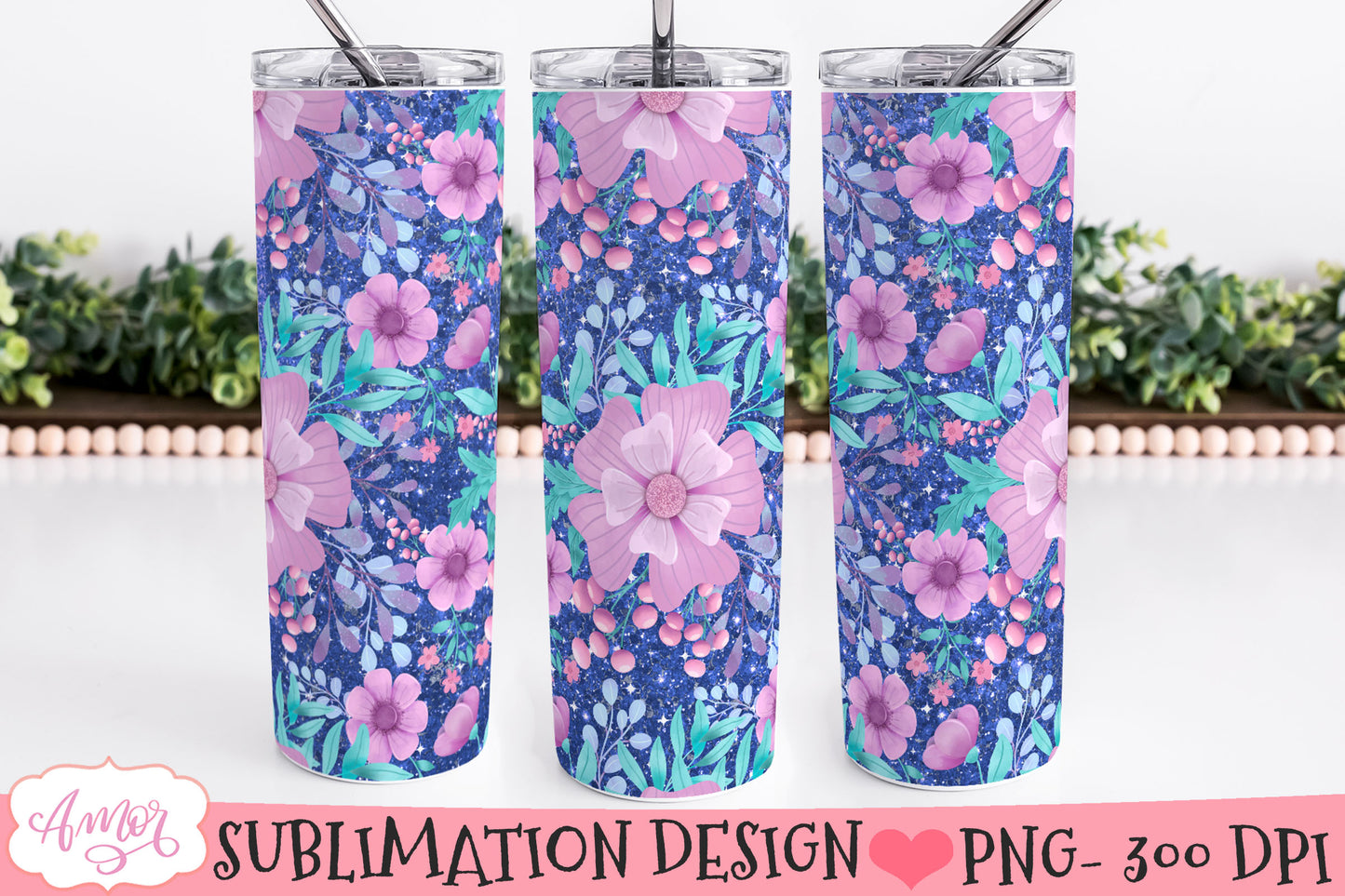 Flowers and glitter 20oz tumbler wrap sublimation PNG BUNDLE