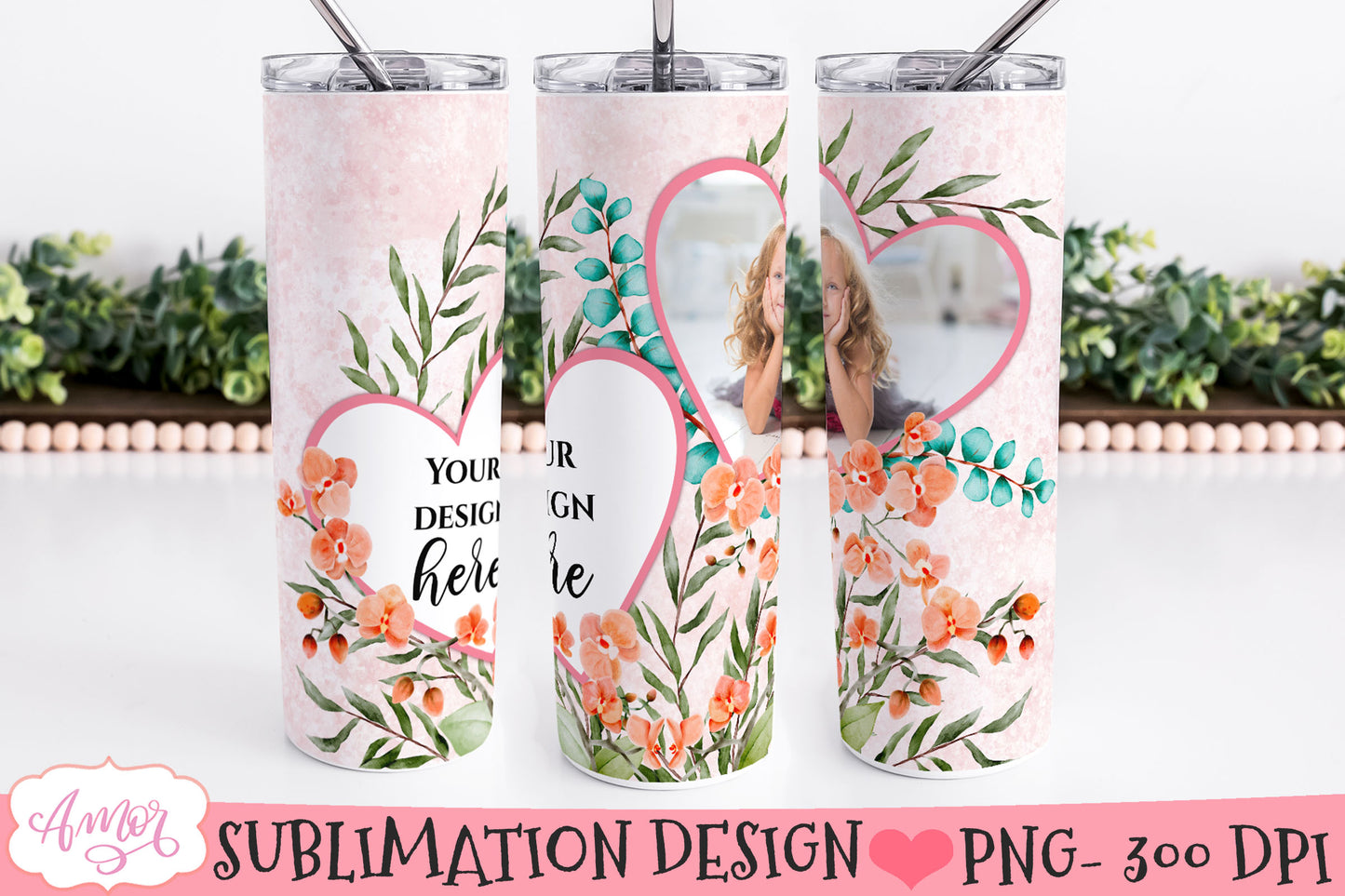 Bundle of 6 floral photo tumbler templates for sublimation