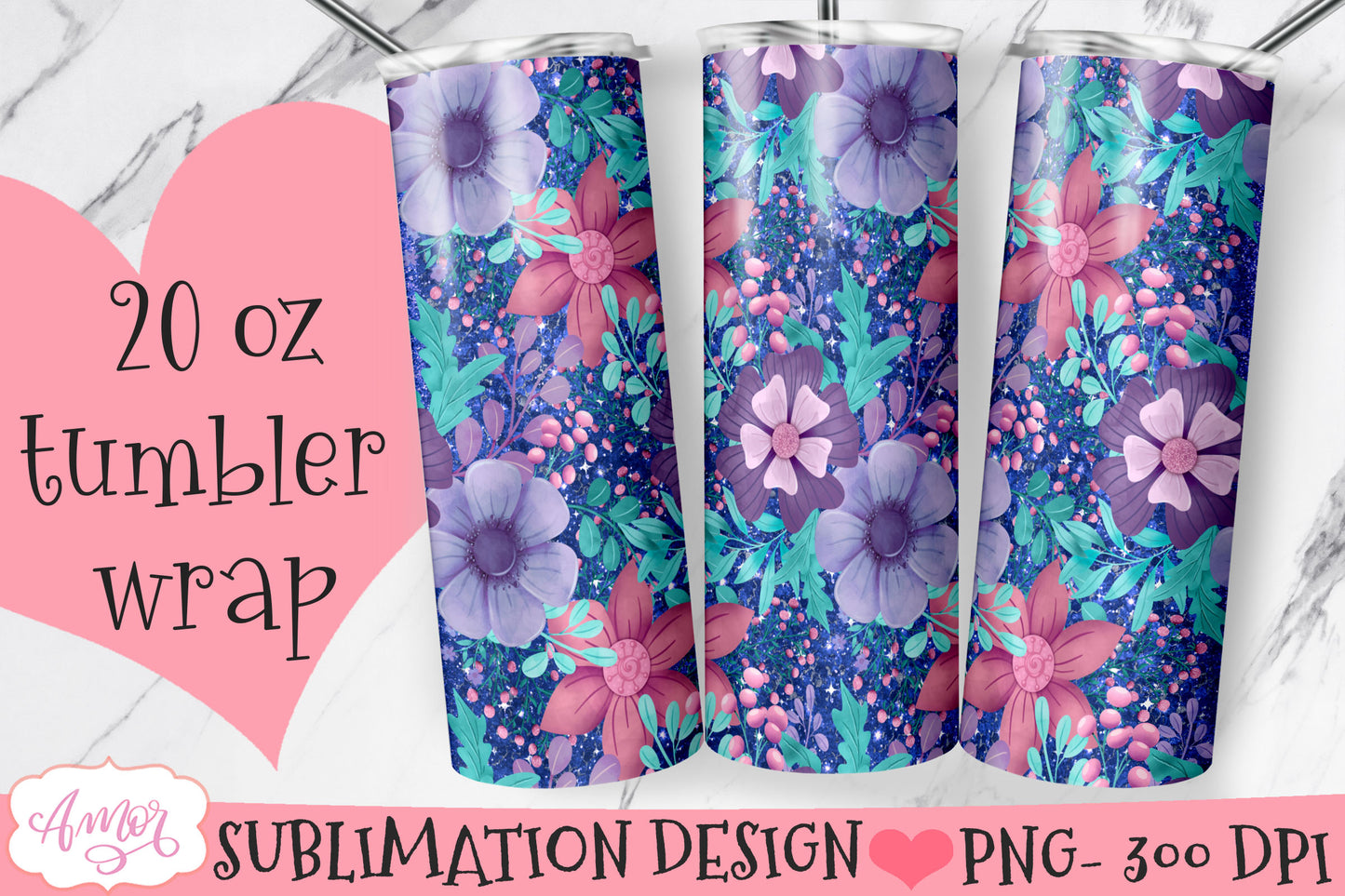 Flowers and glitter 20oz tumbler wrap sublimation PNG BUNDLE