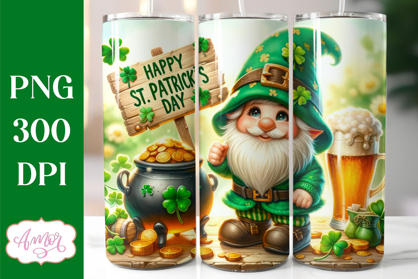 St. Patrick's Day gnome tumbler wrap PNG for sublimation