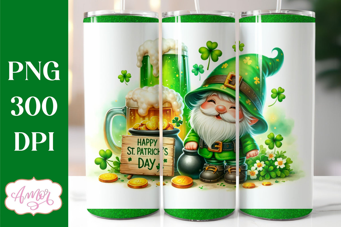 St. Patrick's Day gnome tumbler wrap PNG for sublimation
