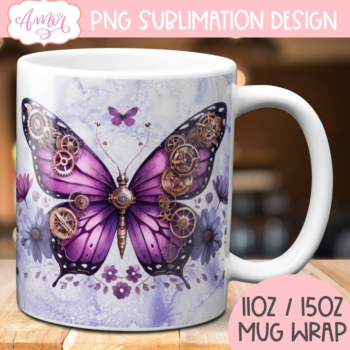 Steampunk butterfly mug wrap PNG | fantasy mug sublimation