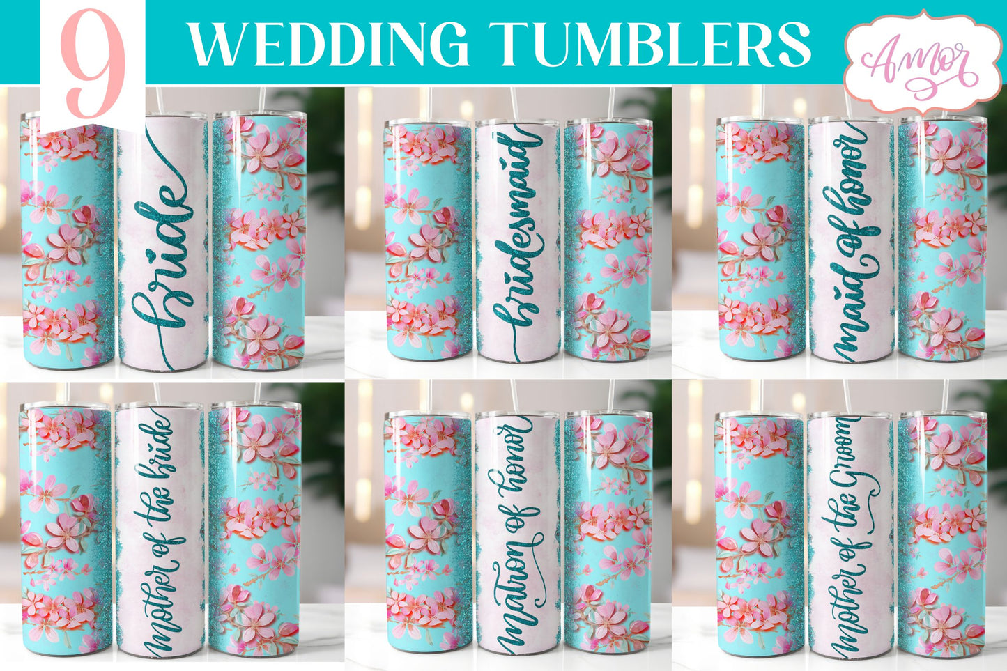 Teal Wedding Tumbler Wraps PNG for Sublimation BUNDLE