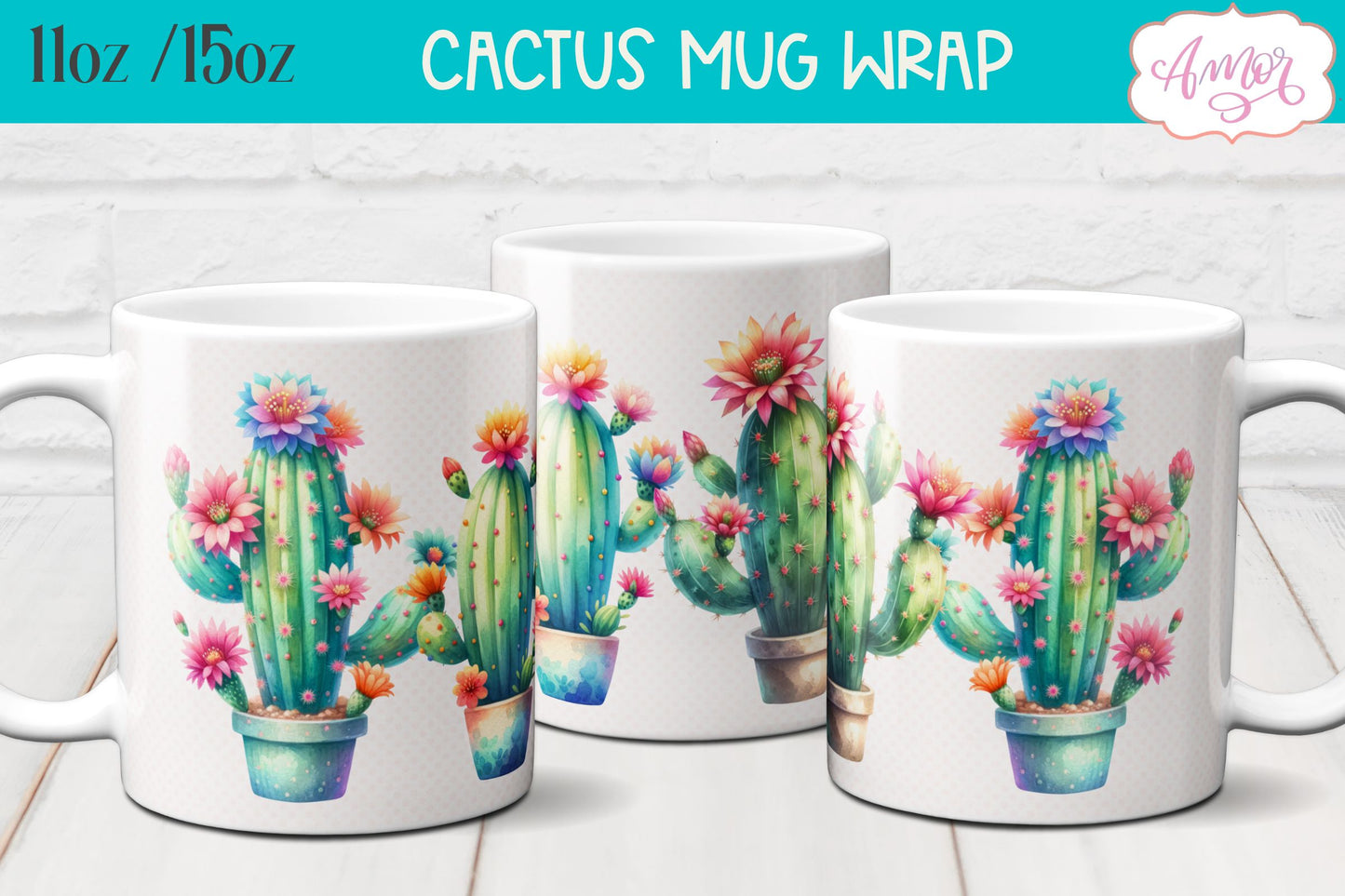 Watercolor Cactus mug wrap PNG for sublimation